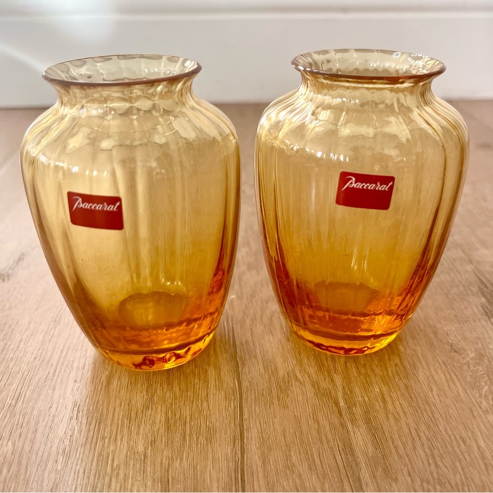 Baccarat Amber/Gold Handblown Glass Vases (Pair)